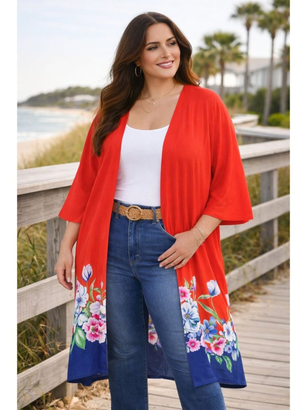 The Pioneer Woman Kimono Duster Womens 2X 3X Orange Blue Floral Butterfly Cover - Picture 11 of 11